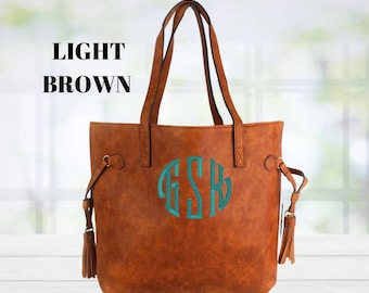 Monogrammed Faux Leather Tote Bag with Tassels - Personalized Initial Purse
