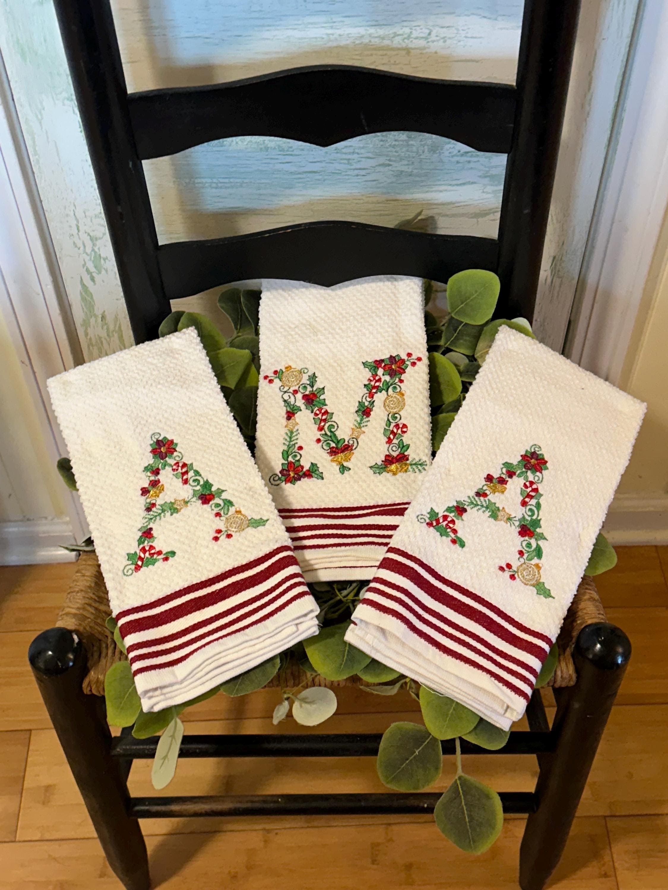 Embroidered Personalized Christmas Kitchen Towels - Festive Holiday Décor & Housewarming Gift - Absorbent Cotton Towels  -