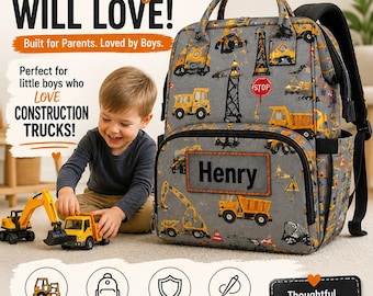 Personalized Construction Truck Diaper Backpack for Boys | Baby Shower Gift