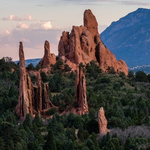May include: A view of Garden of the Gods in Colorado Springs, Colorado. The red rock formations are surrounded by evergreen trees. The sky is a soft blue with white clouds.