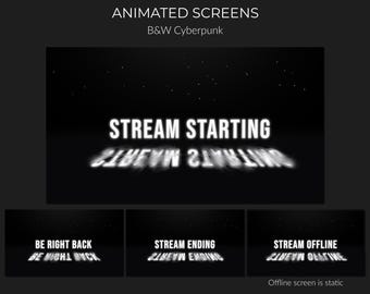 Schermate di streaming animate al neon in bianco e nero - Cyberpunk Twitch OBS (download digitale)