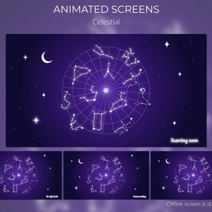 Puede incluir: Pantallas animadas con temática celestial. La pantalla principal presenta un mapa estelar con constelaciones, una luna creciente y estrellas sobre un fondo púrpura oscuro. Se muestran pantallas adicionales debajo. El texto incluye "Animated Screens", "Celestial" y "Starting soon".