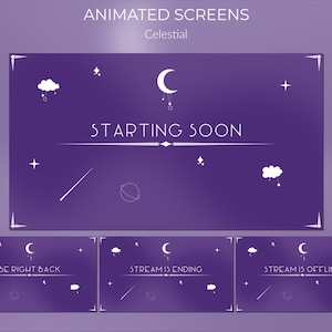 Lila Celestial Stream Screens: Animierte Twitch Overlays