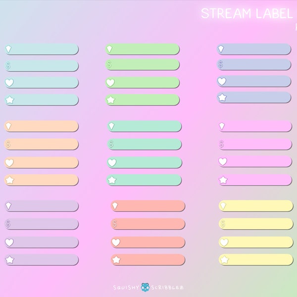 Lot de 9 étiquettes Pastel Recent Alert Stream | 9 couleurs pastel | 4 étiquettes par couleur | Prêt à l'emploi | PNG | Twitch | Alertes récentes | Personnalisable