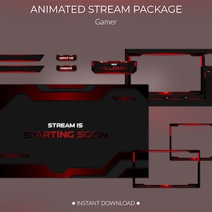 Red Gamer Stream Overlay Bundle - Animated Twitch Pack w/ Alerts, Panels, Frames, Screens + Transitions