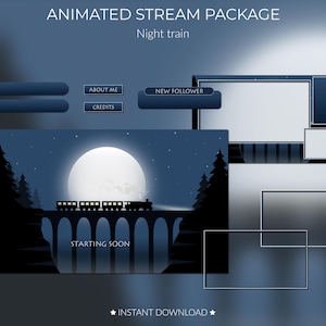 Peut inclure: Ensemble de bannières animées pour Twitch ou YouTube sur le thème du train de nuit. Le pack comprend un écran de démarrage, une alerte de nouveau follower et une boîte de chat. Le design présente un fond bleu foncé avec une pleine lune et un train traversant un pont.