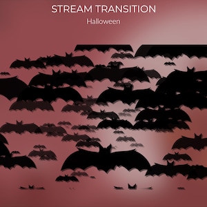 May include: A digital illustration of a Halloween themed background with a gradient of red and pink. The background is filled with black bats of various sizes and shapes. The text "STREAM TRANSITION" and "Halloween" is at the top of the image.