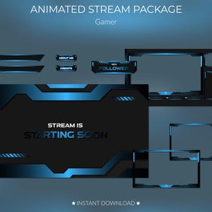 Blue Gamer Twitch Overlay Pack – Animated Stream Screens, Alerts, Panels & Transition - Gamer style overlays