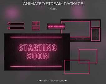 Neon Pink Animated Stream Overlay Pack - Twitch Alerts, Panels & Scenes for Gamers