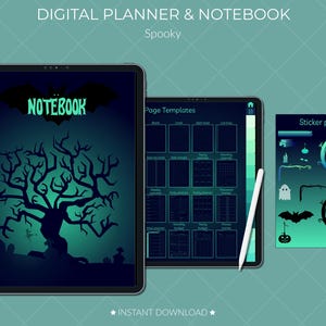 May include: A digital planner and notebook with a spooky theme. The cover features a silhouette of a tree with bare branches against a dark blue background. The text "NOTEBOOK" is displayed in a white font on a black bat silhouette. The planner includes page templates for various purposes, such as daily, weekly, and monthly planning. A sticker pack with spooky designs is also included.