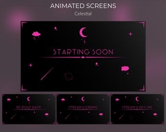 Schermate di streaming celestiali nere e rosa. Sovrapposizioni animate di Twitch
