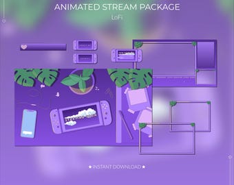 Pacchetto streaming animato LoFi: scrivania accogliente, estetica viola (download digitale)