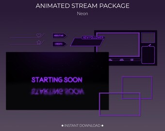 May include: A purple neon animated stream package for Twitch or YouTube. The package includes a starting soon screen, a new follower alert, and a chat box. The package also includes a variety of other elements, such as a credits screen and an about me screen.