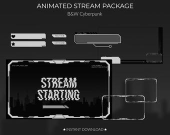 Pacchetto Cyberpunk Stream: Tema animato in bianco e nero (download digitale)