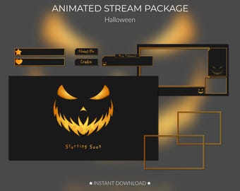 May include: Animated Halloween stream package with a black background and gold accents. The package includes a starting soon screen with a jack-o'-lantern, a new follower alert, a chat box, and a credits screen.