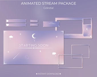 May include: Animated stream package with a celestial theme. The package includes a starting soon screen, a follow button, a donation button, and a chat box. The background is a gradient of pink and purple with stars and clouds.
