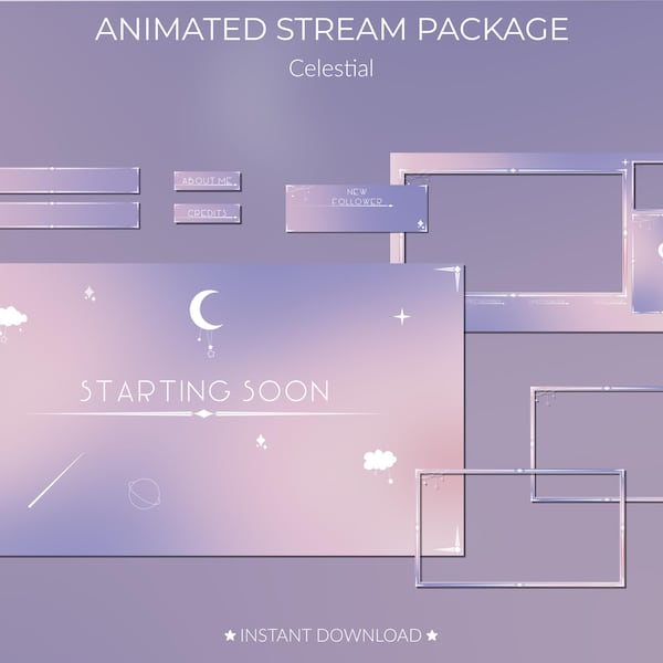 Celestial Twitch Overlay – Animated Stream Bundle w/ Panels, Alerts, Screens & Soft Pastel Sky Vibes
