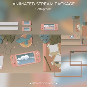 Puede incluir: Una ilustración digital de un paquete de transmisión animada con temática de cottagecore. El paquete incluye una variedad de elementos, como un teléfono, una Nintendo Switch y una variedad de marcos. Los colores son suaves y pastel, y el estilo general es caprichoso y encantador.