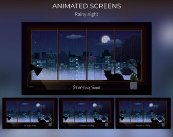Animated Rainy Night Stream Screens - Cat & City Lights
