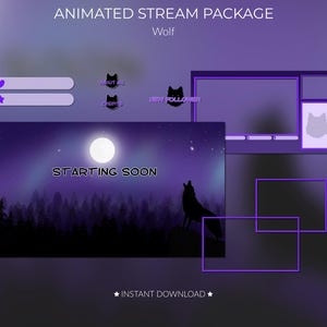Wolf Twitch Overlay Pack – Animated Stream Screens, Alerts, Panels & Stinger | Night Sky Vibes | Purple Aesthetic