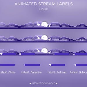 Animated Stream Overlay Label Pack | Ready to use | Twitch | Recent Alerts | Customisable | Purple & White | Cute | Stream Overlays