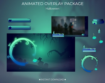 Pacchetto di sovrapposizioni animate di Halloween / Twitch / Vtuber / Spettrale / Blu / Verde / Decorazioni di Halloween