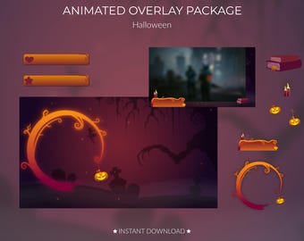 Pacchetto di sovrapposizioni animate di Halloween / Twitch / Vtuber / Spettrale / Arancione / Viola / Decorazioni di Halloween