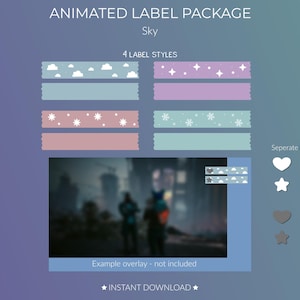 Peut inclure: Un ensemble d'étiquettes animées avec le mot "Sky" et le texte "4 LABEL STYLES". L'image présente quatre styles d'étiquettes avec des motifs de nuages et d'étoiles. Comprend des icônes séparées et le texte "Example overlay - not included" et "INSTANT DOWNLOAD".
