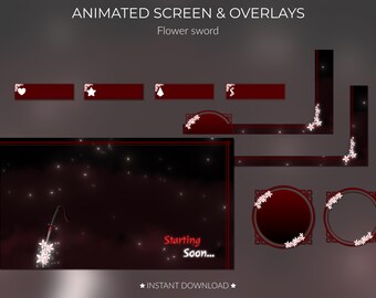 Pacchetto schermo e sovrapposizione Flower Blade / Twitch / Sovrapposizioni animate / Schermate / Rosso / Nero / Katana