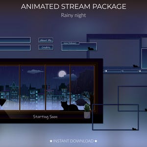 Rainy Night Animated Stream Overlay - Cozy Twitch Bundle w/ Alerts, Panels & Scenes