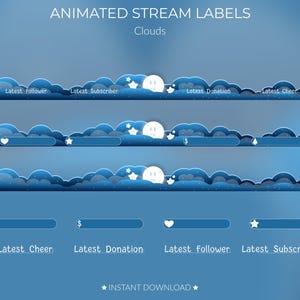 Animated Stream Overlay Label Pack | Ready to use | Twitch | Recent Alerts | Customisable | Blue & White | Cute | Stream Overlays