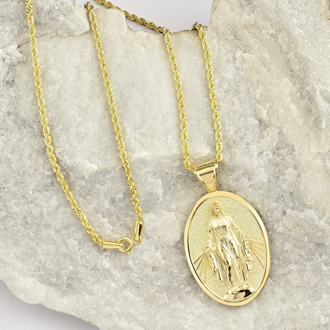 Solid Gold Virgin Mary Pendant 10K Gold Religious Holy Mother Etsy
