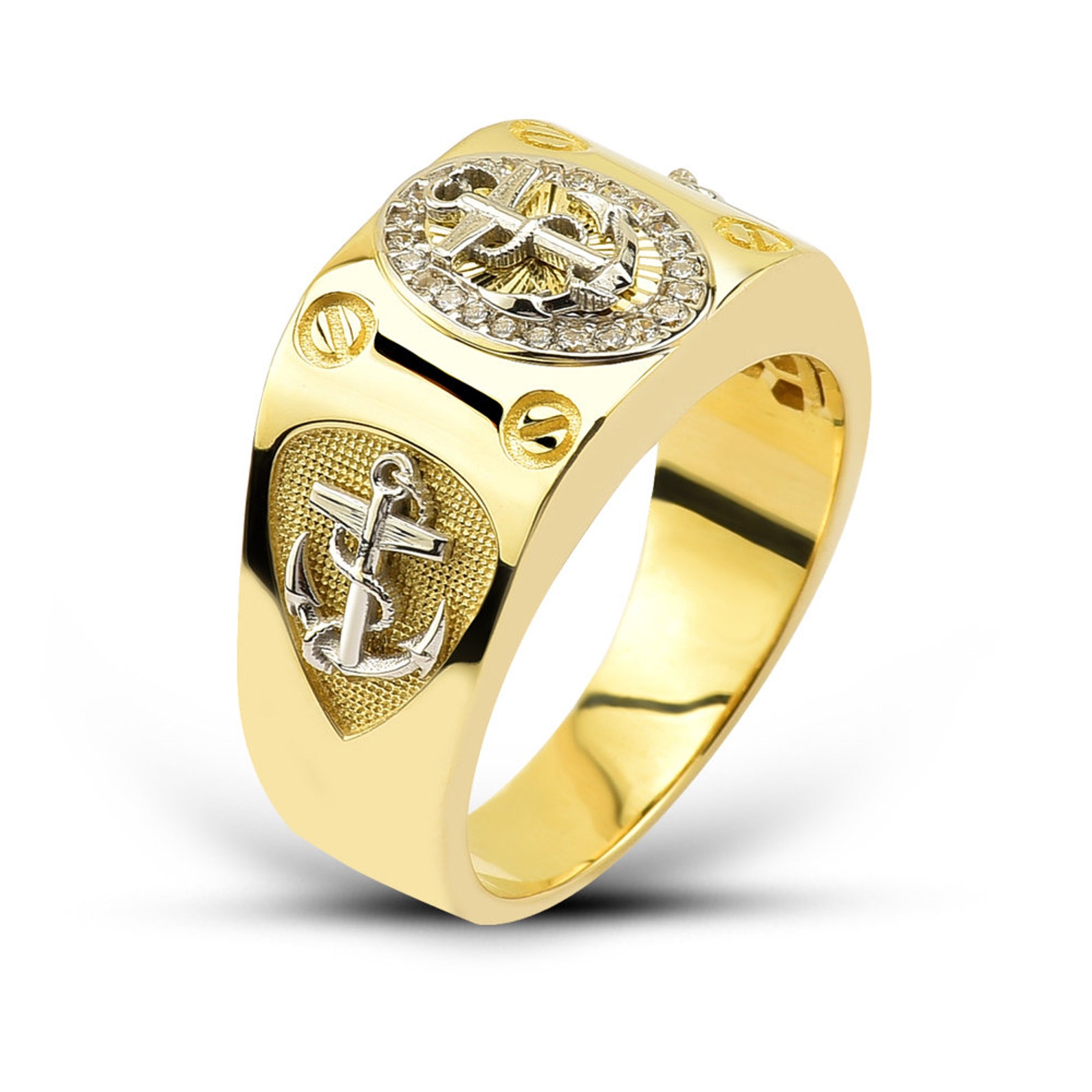 14K Gold Anchor Men's Ring 10K Nautical Diamond CZ Etsy