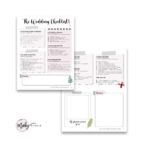 May include: A printable wedding checklist with sections for 12 or more months before the wedding, 9-12 months before, 6-3 months before, 2 months before, 1 week before, and the day of the wedding. Each section has a list of tasks to be completed. There is also a space for notes and a place to add a favorite picture of the couple.