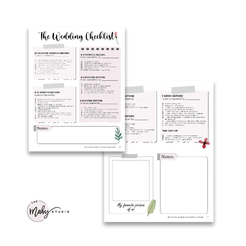 May include: A printable wedding checklist with sections for 12 or more months before the wedding, 9-12 months before, 6-3 months before, 2 months before, 1 week before, and the day of the wedding. Each section has a list of tasks to be completed. There is also a space for notes and a place to add a favorite picture of the couple.