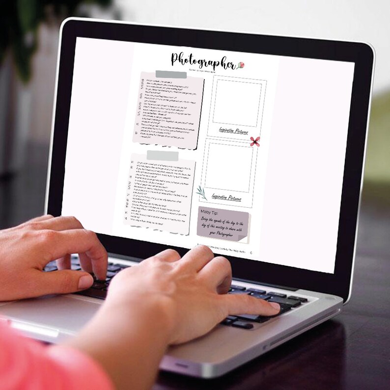 May include: A laptop computer screen displaying a checklist with the word "Photographer" at the top. The checklist includes a section for "Suggested Pictures" and a "Moaby Tip" that says "Bring the goods of the day to the end of the wedding to share with your Photographer."