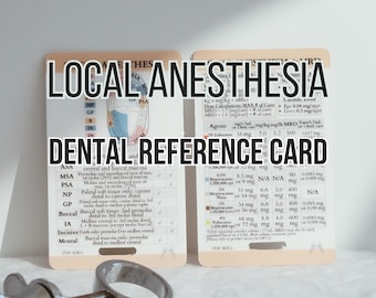 May include: A dental reference card with the title "Local Anesthesia" in large text. The card provides information on agents, dosages, and calculations. A dental syringe is in the foreground.
