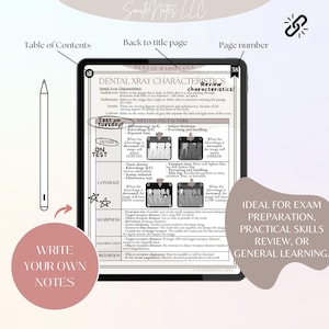 May include: A digital tablet displaying a page titled Dental X-Ray Characteristics with a table detailing density, contrast, sharpness, magnification, and distortion. A stylus is positioned to the left. The screen includes handwritten notes.