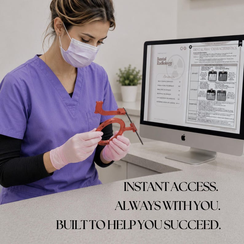May include: A person in a purple scrub top and light pink gloves holds a red dental X-ray positioning device. A computer monitor displays a document titled Dental Radiology with a table of Dental X-ray Characteristics and text at the bottom.