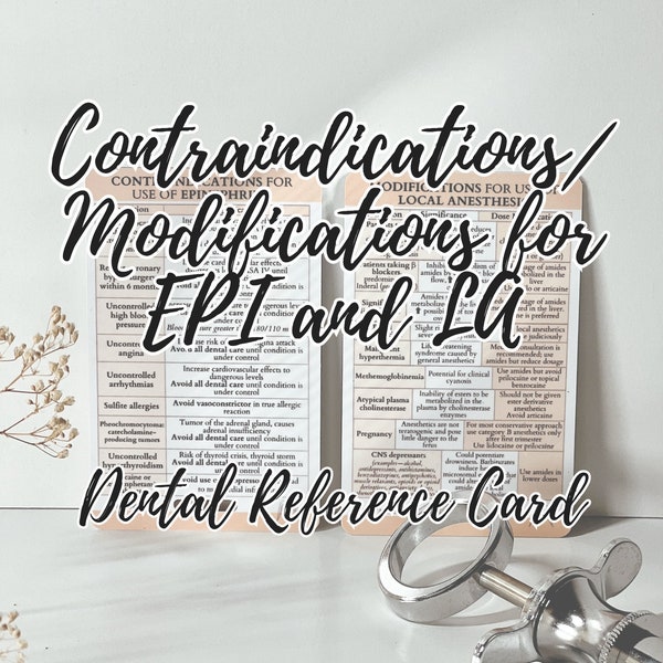 Contraindications/Modifications: EPI and LA. Reference Card, Study Card, Dental Hygienist, Dental Assistant, Hygiene School, Dental gifts