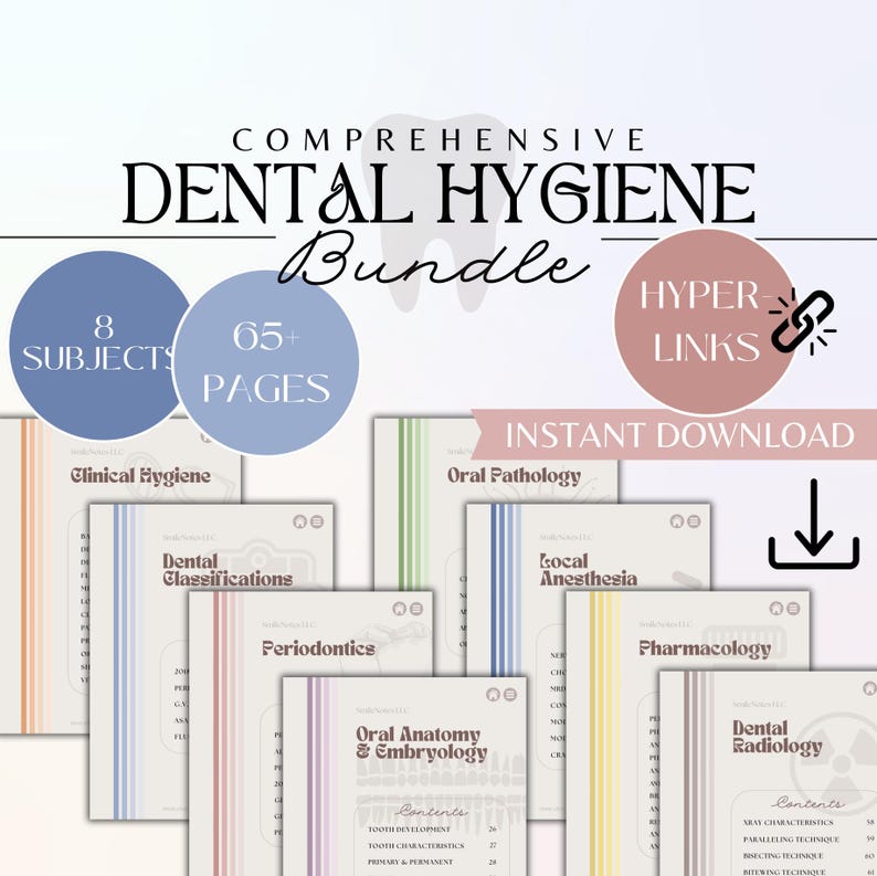 May include: A comprehensive dental hygiene bundle featuring 8 subjects and 65+ pages. The document set includes titles such as Clinical Hygiene, Dental Classifications, Periodontics, Oral Anatomy & Embryology, Oral Pathology, Local Anesthesia, Pharmacology, and Dental Radiology.