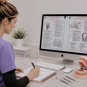 May include: A computer monitor displays a dental study guide titled Alveolar Bone & PDL and Periodontium in Disease. A white mug, a spiral notebook, a dental model of teeth, and metal dental instruments are arranged on a desk surface.