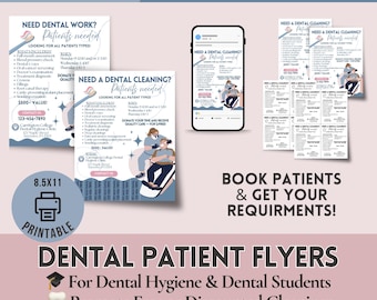 May include: Dental patient flyers with the text "Need Dental Work? Patients Needed" and "Need a Dental Cleaning? Patients Needed". The flyers are printable and designed for dental hygiene and dental students. Includes a smartphone mockup.