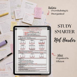May include: A digital tablet displaying a periodontics study guide on gingival description, surrounded by handwritten notes and sticky notes. Text on the right reads: Before Overwhelming & Disorganized, STUDY SMARTER Not Harder, After Organized & Efficient.