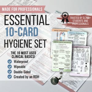 May include: A set of 10 double-sided, waterproof, and wipeable dental hygiene reference cards. The cards feature clinical information including local anesthesia, dental classes, and lesion descriptions, with a retractable badge reel attached.