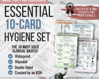 May include: A set of 10 double-sided, waterproof, and wipeable dental hygiene reference cards. The cards feature clinical information including local anesthesia, dental classes, and lesion descriptions, with a retractable badge reel attached.