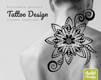 Polynesian tattoo - Hawaiian tattoo - Flower tattoo flash sheet - Floral tattoo design custom and tattoo stencil