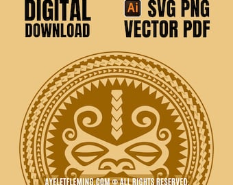 Hawaiian Tiki Mask Tribal Vector SVG Design, PDF Transparent PNG Polynesian Art Digital Template for Tattoo Artists & Creatives Designers