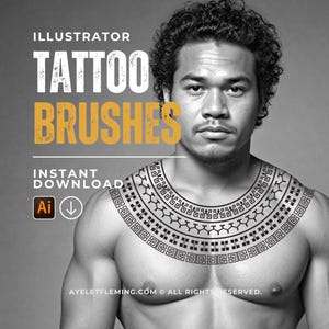 May include: A black and white photo of a man with a tribal tattoo on his chest. The text "Illustrator Tattoo Brushes Instant Download Ai" is at the top of the image.