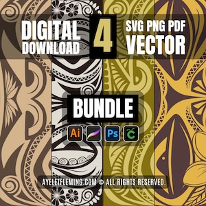 Hawaiian Tribal Tiki-bundel van 4 vector SVG, pdf transparante png rechthoekig Polynesisch masker, digitale plumeria bloemen tattoo stencilontwerp
